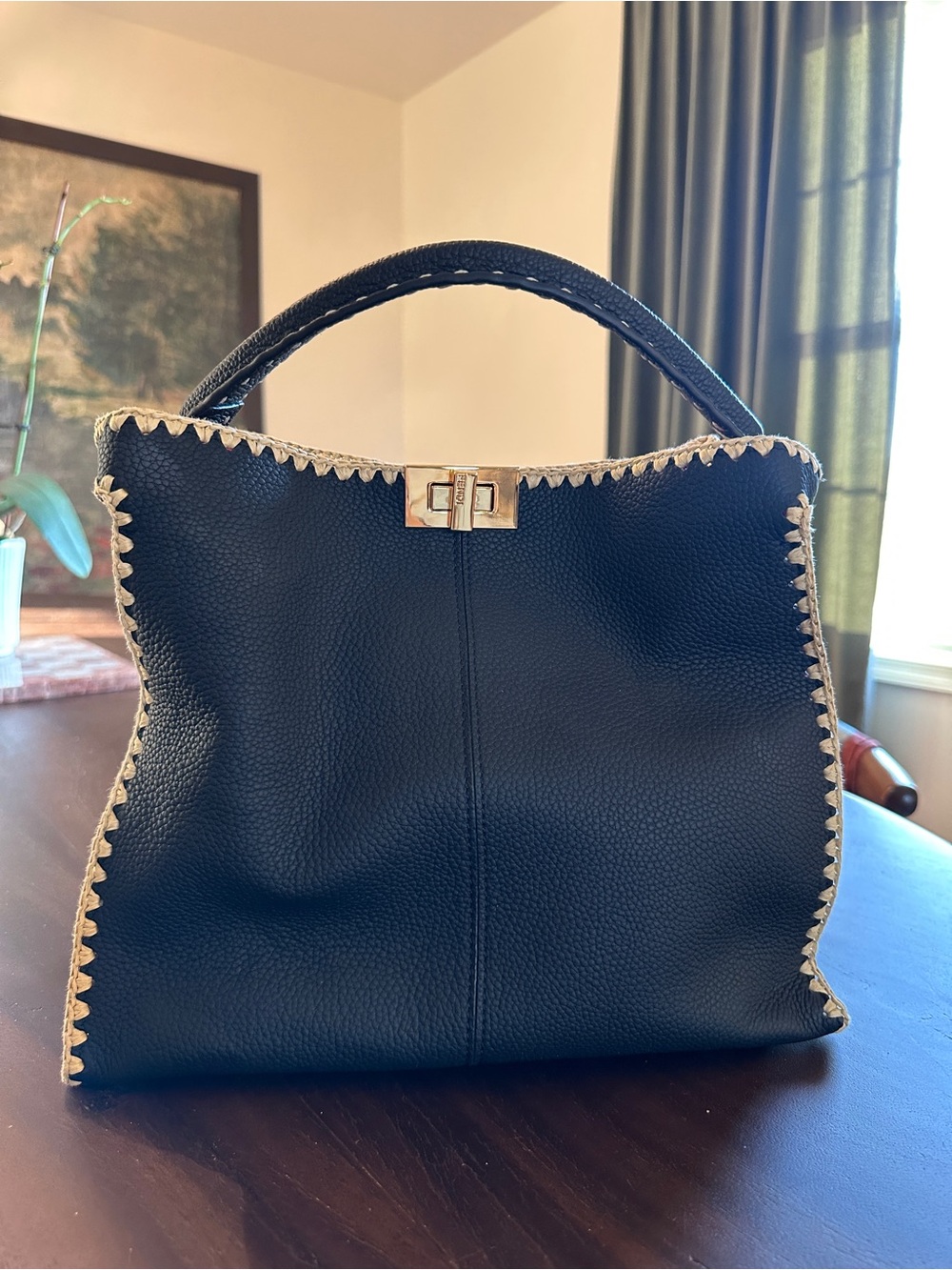 Fendi - Black Leather Top-Handle Bag with Contrast Trim